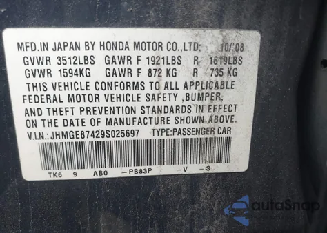 2009 Honda Fit Sport z USA, uszkodzony, nr VIN JHMGE87429S025697